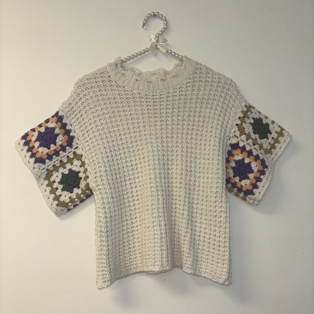 Crochet Multicolor Granny Square Sz Xs Sweater Flutter Short Sleeve Afghan Funky